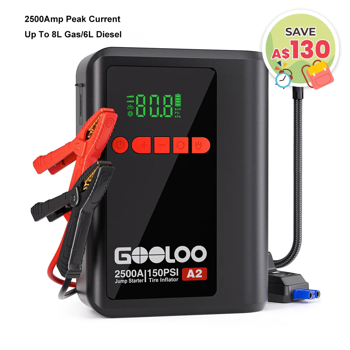 【Clearance Sale】GOOLOO A2 Jump Starter with Air Compressor 2500Amp